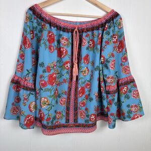 Umgee Boho Cottage Core Mixed Media Floral Top Tassel Flared Sleeve Colorful‎ L